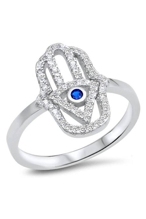 Hamsa Hand of God Blue Simulated Sapphire Ring .925 Sterling Silver Band CZ Female Size 6