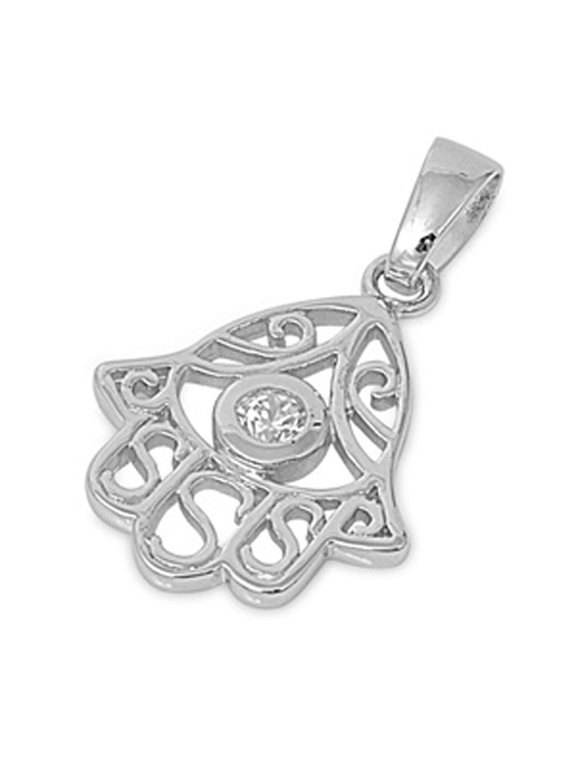 Hamsa Hand of God Pendant Clear Cubic Zirconia .925 Sterling Silver Cutout Charm Jewelry Female
