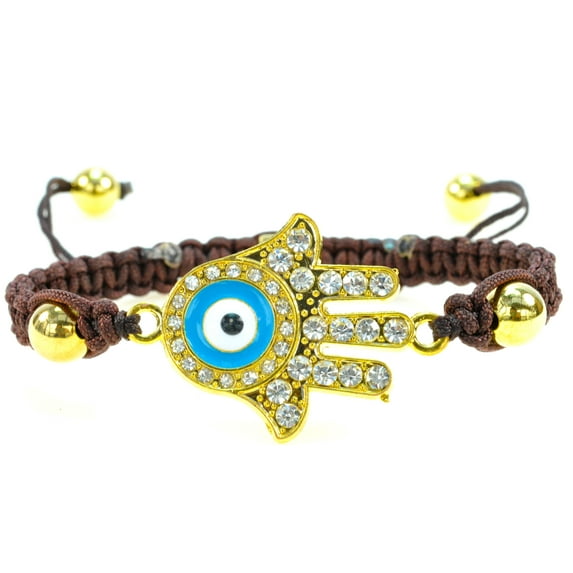 Hamsa Hand with Blue Evil Eye Bracelet-Handmade String, Goldtone, Macramé Style, Adjustable Bracelet, Protective Amulet, Good Luck Charm, Lightweight