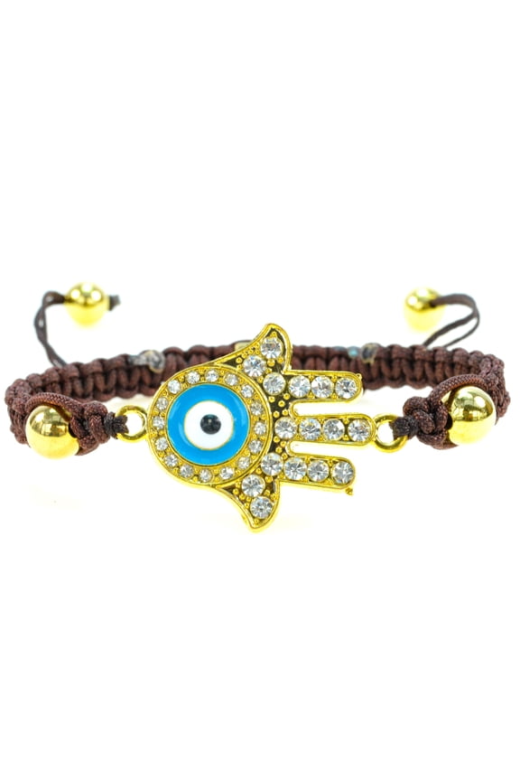 Hamsa Hand with Blue Evil Eye Bracelet-Handmade String, Goldtone, Macram Style, Adjustable Bracelet, Protective Amulet, Good Luck Charm, Lightweight