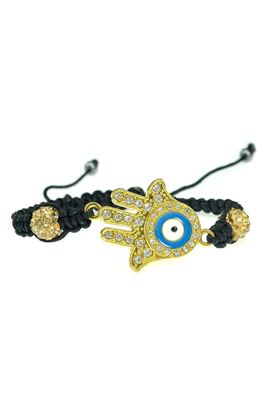 Hamsa Hand with Blue Evil Eye Bracelet-Handmade String, Goldtone, Macram Style, Adjustable Bracelet, Protective Amulet, Good Luck Charm, Lightweight