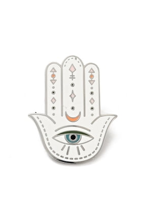 Hamsa Hand with Evil Eye Enamel Pin Platinum Plated Alloy Badge for Backpack Clothes White 35x28x1.5mm