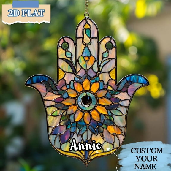 Hamsa Hand with Flowers Acrylic Suncatcher, Faux Stained Glass Window Hanging, Boho Spiritual Decor, Gift for Protection and Peace size 10in