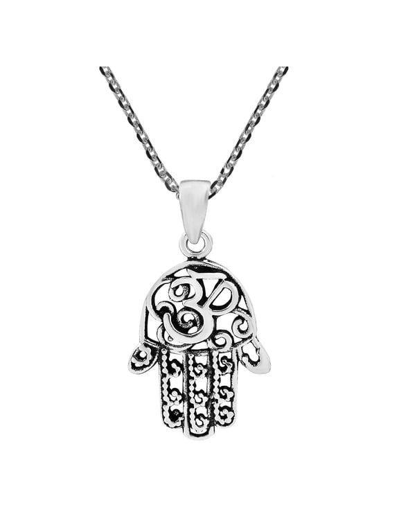 Hamsa Hand with Mystic Om or Aum .925 Sterling Silver Pendant Necklace