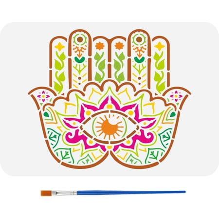 Hamsa Hands Painting Stencil with Brush 8.3x11.7in Lotus Flower Pattern Fantasy Theme Vines Leaves Stencil for DIY Crafts
