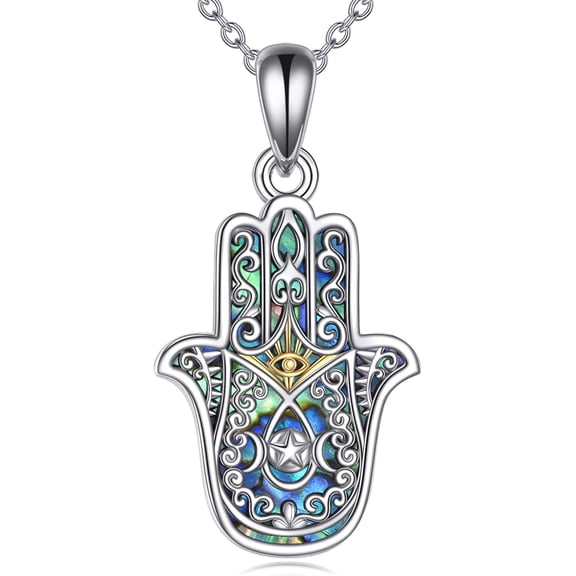 Hamsa Necklace 925 Sterling Silver Abalone Shell Evil Eye Pendant Necklace Triple Moon Goddess Jewelry Gifts For Women