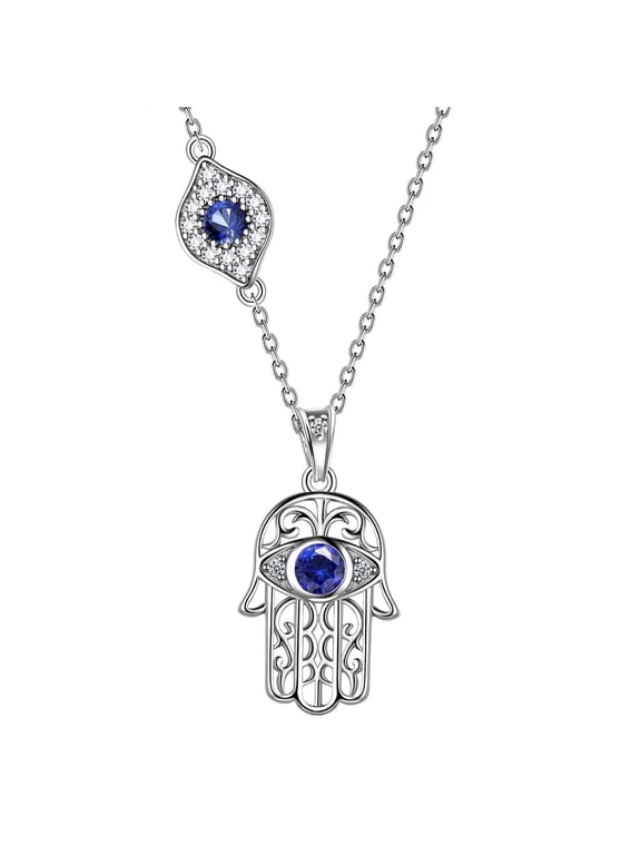 Hamsa Necklace 925 Sterling Silver Hand of Fatima Blue Evil Eye Necklace Third Eye Lucky Amulet Jewelry Christmas Birthday Gifts for Women Men