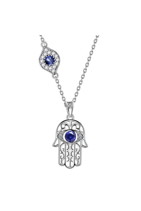 Hamsa Necklace 925 Sterling Silver Hand of Fatima Blue Evil Eye Necklace Third Eye Lucky Amulet Jewelry Christmas Birthday Gifts for Women Men