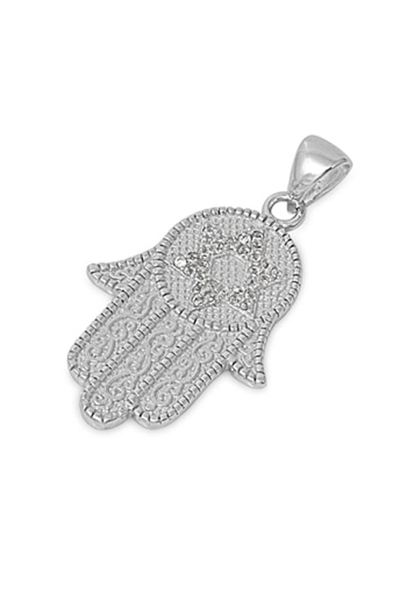 Hamsa Ornate Hand of God Pendant Clear Cubic Zirconia .925 Sterling Silver Charm Jewelry Female