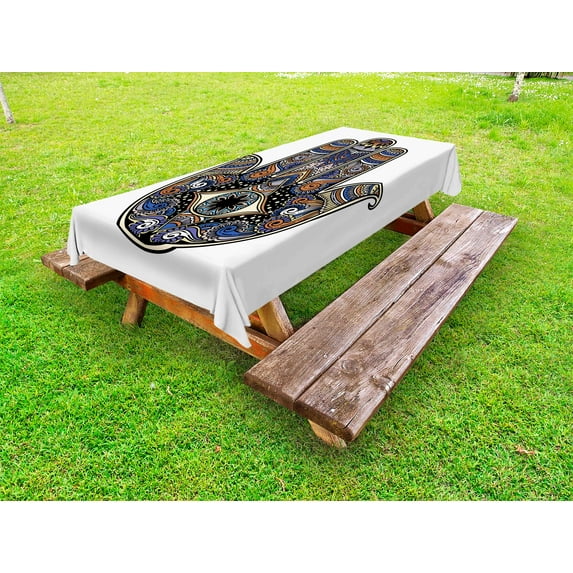 Hamsa Outdoor Tablecloth, Hand Drawn Boho Style Vintage Sign with All Seeing Eye Religious Doodle, Decorative Washable Fabric Picnic Tablecloth, 58 X 120 Inches, Royal Blue Caramel Black, by Ambesonne