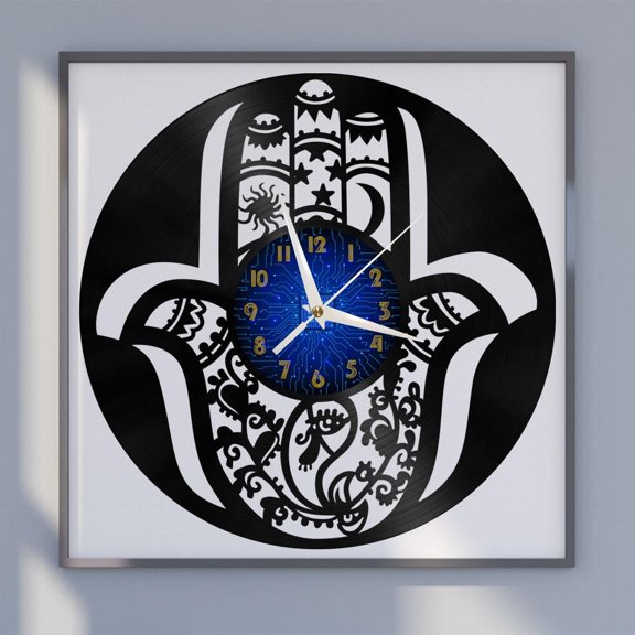 Hamsa Pattern Palm 12 Inch Vinyl Record Wall Clock - Silent, Creative, and Unique Clock for Living Room, Entryway, or Bedroom Decor - Perfect Gift Idea(12 inchs B without LED)