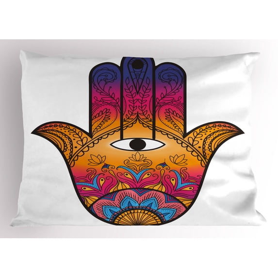 Hamsa Pillow Sham Colorful Ethnic Pattern Henna Tattoo Art Lotus Flowers Arabesque Mystical, Decorative Standard Queen Size Printed Pillowcase, 30 X 20 Inches, Orange Pink Sky Blue, by Ambesonne