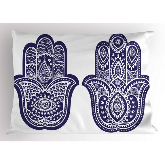 Hamsa Pillow Sham Two Hand of Fatima Figures with Ethnic Old Fashioned Ornaments Vintage Asian, Decorative Standard Queen Size Printed Pillowcase, 30 X 20 Inches, Violet Blue White, by Ambesonne