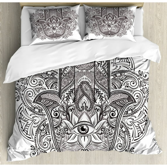 Hamsa Queen Size Duvet Cover Set, Hand Drawn Ethnic Motifs from Middle Eastern Folklore Sketch Style Swirls, Decorative 3 Piece Bedding Set with 2 Pillow Shams, Dark Brown and White, by Ambesonne