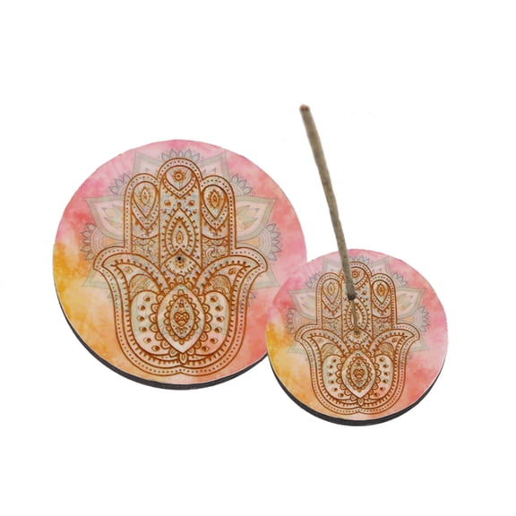 Hamsa Round Wooden Ash Catcher Incense Stick Holde Stand 4"