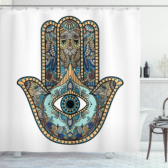 Hamsa Shower Curtain, Colorful Illustration of Sacred Hand Symbol with All Seeing Eye Motif and Paisleys, Fabric Bathroom Set with Hooks, 69W X 70L Inches, Multicolor, by Ambesonne