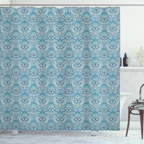 Hamsa Shower Curtain, Eyes in Blooming Oriental Lotus Motif with Stars Colorful Traditional Moroccan Design, Fabric Bathroom Set with Hooks, 69W X 75L Inches Long, Multicolor, by Ambesonne