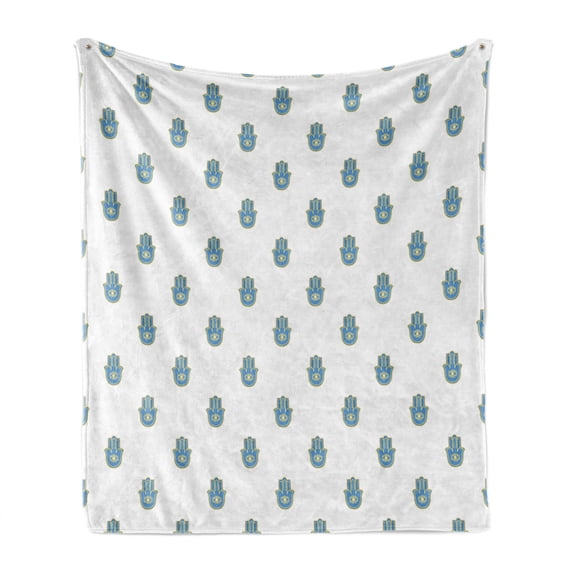 Hamsa Soft Flannel Fleece Throw Blanket, Bicolor Hand Motif Oriental Ornate Pattern Middle East Timeless , Cozy Plush for Indoor and Outdoor Use, 50" x 70", Mustard White and Blue, by Ambesonne