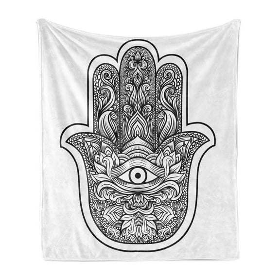 Hamsa Soft Flannel Fleece Throw Blanket, Boho Style Line Art Mascot with Third Eye Ornamental Tattoo Design, Cozy Plush for Indoor and Outdoor Use, 60" x 80", White Black, by Ambesonne
