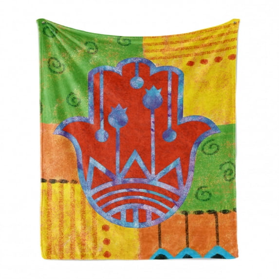 Hamsa Soft Flannel Fleece Throw Blanket, Colorful Framework Lily Hamsa and Prehistoric Tribal Geometric Shapes on Backdrop, Cozy Plush for Indoor and Outdoor Use, 60" x 80", Multicolor, by Ambesonne
