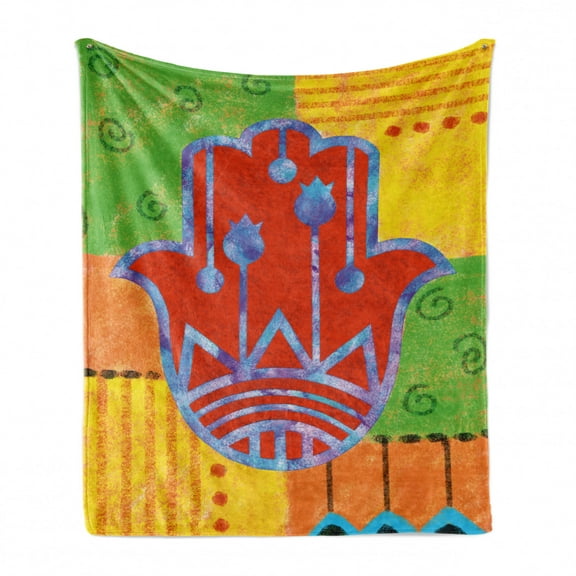 Hamsa Soft Flannel Fleece Throw Blanket, Colorful Framework Lily Hamsa and Prehistoric Tribal Geometric Shapes on Backdrop, Cozy Plush for Indoor and Outdoor Use, 70" x 90", Multicolor, by Ambesonne