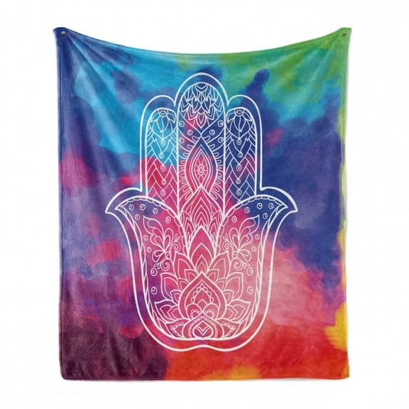 Hamsa Soft Flannel Fleece Throw Blanket, Colorful Watercolor Background with Hand Drawn Eastern Mantra Gentle Swirls, Cozy Plush for Indoor and Outdoor Use, 50" x 60", Multicolor, by Ambesonne