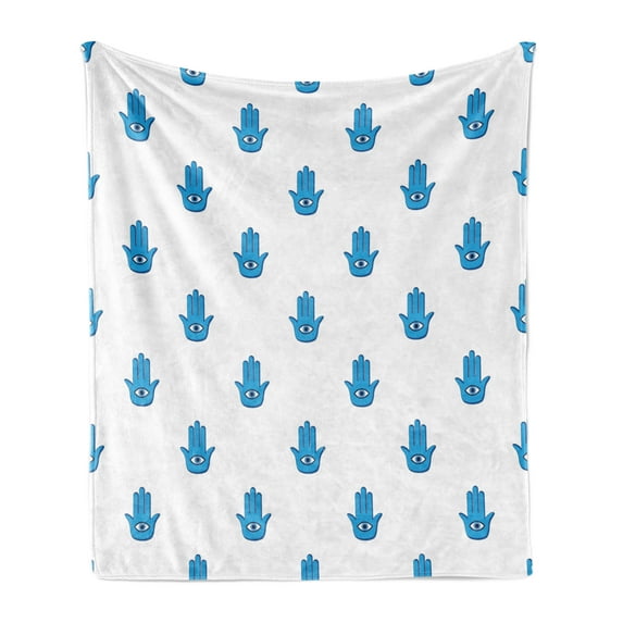 Hamsa Soft Flannel Fleece Throw Blanket, Culture Design Cartoon Palm with Eye Mystic Concept, Cozy Plush for Indoor and Outdoor Use, 50" x 70", Dark Blue and Blue, by Ambesonne