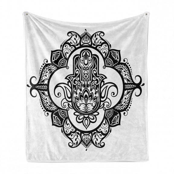 Hamsa Soft Flannel Fleece Throw Blanket, Curvy Ornate Frame with Antique Motif Floral Tattoo, Cozy Plush for Indoor and Outdoor Use, 60" x 80", White Black, by Ambesonne