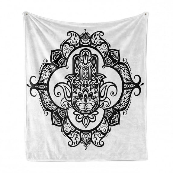 Hamsa Soft Flannel Fleece Throw Blanket, Curvy Ornate Frame with Antique Motif Floral Tattoo, Cozy Plush for Indoor and Outdoor Use, 60" x 80", White Black, by Ambesonne