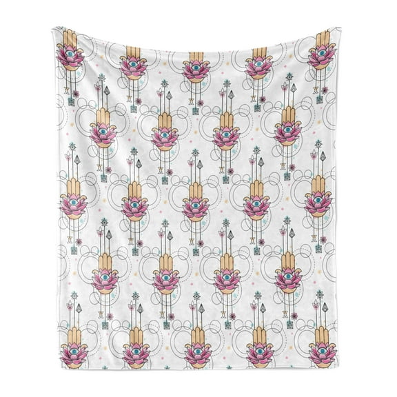 Hamsa Soft Flannel Fleece Throw Blanket, Eastern Motifs with All Seeing Eye Inspirations South Illustration, Cozy Plush for Indoor and Outdoor Use, 50" x 60", Peach Pink Blue, by Ambesonne