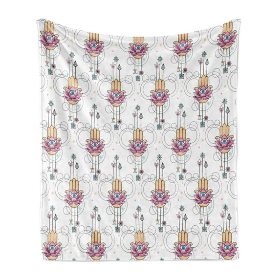Hamsa Soft Flannel Fleece Throw Blanket, Eastern Motifs with All Seeing Eye Inspirations South Illustration, Cozy Plush for Indoor and Outdoor Use, 50" x 60", Peach Pink Blue, by Ambesonne