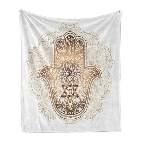 Hamsa Soft Flannel Fleece Throw Blanket, Eastern Timeless 6 Pointed Star with Flowers in Hand Motif Illustration, Cozy Plush for Indoor and Outdoor Use, 70" x 90", Pale Brown and White, by Ambesonne