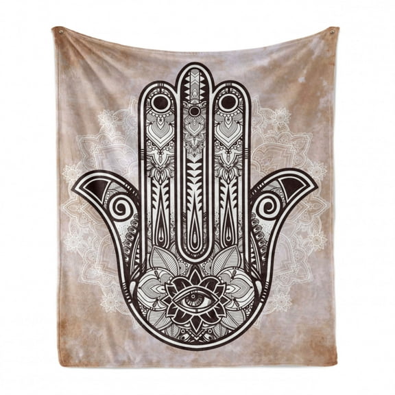 Hamsa Soft Flannel Fleece Throw Blanket, Grunge Style Mandala with Evil Eye Mystic Eastern Art Oriental, Cozy Plush for Indoor and Outdoor Use, 50" x 60", Brown and Cream, by Ambesonne