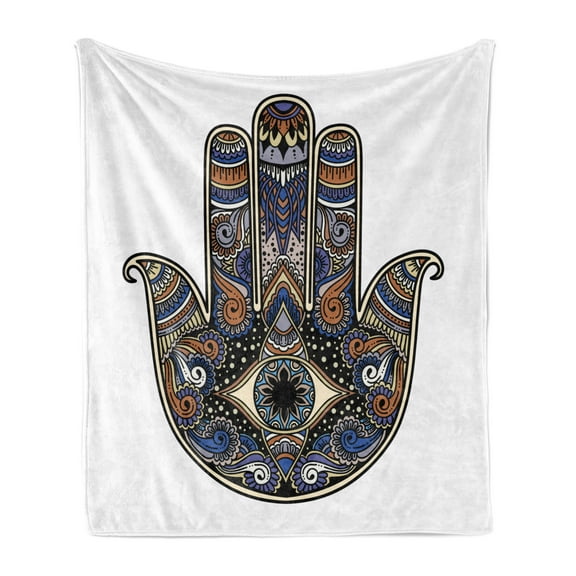 Hamsa Soft Flannel Fleece Throw Blanket, Hand Drawn Boho Style Vintage Sign with All Seeing Eye Doodle, Cozy Plush for Indoor and Outdoor Use, 50" x 60", Royal Blue Caramel Black, by Ambesonne