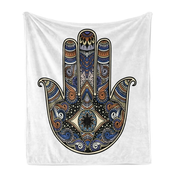 Hamsa Soft Flannel Fleece Throw Blanket, Hand Drawn Boho Style Vintage Sign with All Seeing Eye Doodle, Cozy Plush for Indoor and Outdoor Use, 50" x 60", Royal Blue Caramel Black, by Ambesonne