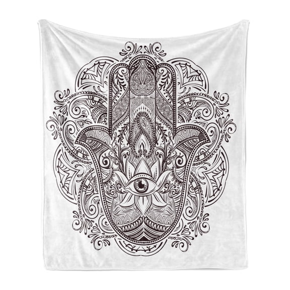 Hamsa Soft Flannel Fleece Throw Blanket, Hand Drawn Motifs from Middle Eastern Folklore Sketch Style Swirls, Cozy Plush for Indoor and Outdoor Use, 50" x 70", Dark Brown and White, by Ambesonne