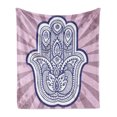 thumbnail image 1 of Hamsa Soft Flannel Fleece Throw Blanket, Hand Drawn Style Turkish Paisley Bohemian Motifs on Grunge Stripes, Cozy Plush for Indoor and Outdoor Use, 70" x 90", Purple Grey Violet Blue, by Ambesonne, 1 of 5