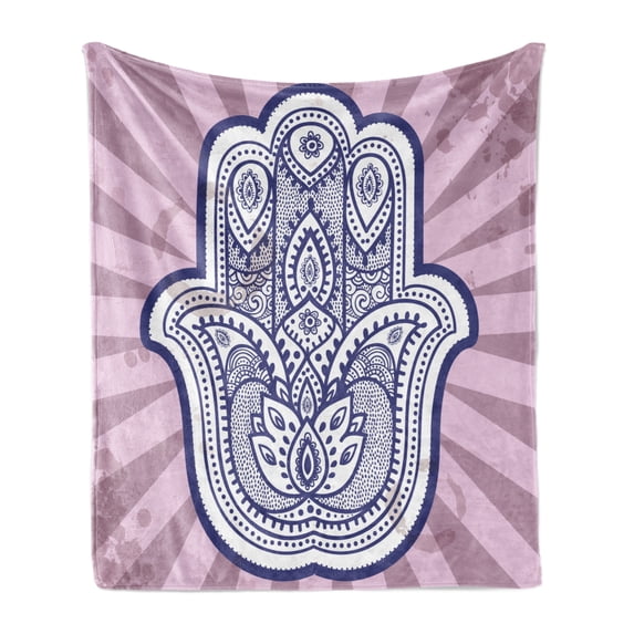 Hamsa Soft Flannel Fleece Throw Blanket, Hand Drawn Style Turkish Paisley Bohemian Motifs on Grunge Stripes, Cozy Plush for Indoor and Outdoor Use, 70" x 90", Purple Grey Violet Blue, by Ambesonne