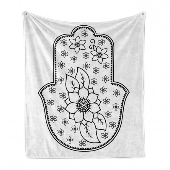 Hamsa Soft Flannel Fleece Throw Blanket, Lotus Blossoms Kabbalah Theme Floral Style Colorful Illustration, Cozy Plush for Indoor and Outdoor Use, 50" x 60", White Black, by Ambesonne