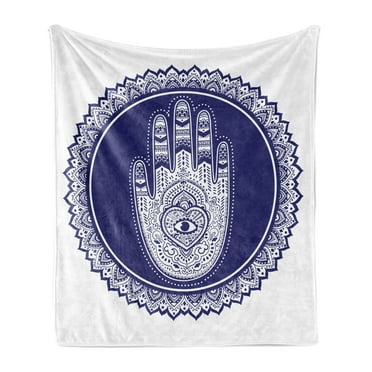 Hamsa Soft Flannel Fleece Throw Blanket, Middle Eastern Mandala Motif with Oriental Hand Design with Heart and Eye, Cozy Plush for Indoor and Outdoor Use, 50" x 60", Navy Blue and White, by Ambesonne