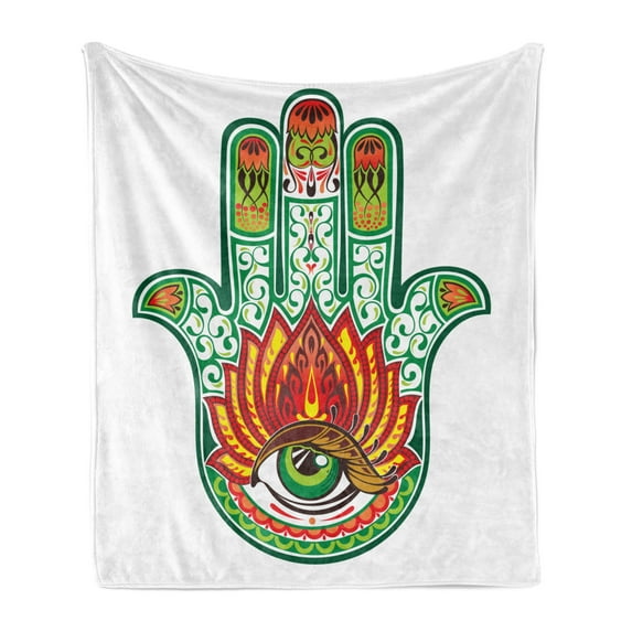 Hamsa Soft Flannel Fleece Throw Blanket, Middle Hamsa with Defense of Evil Eye Theme, Cozy Plush for Indoor and Outdoor Use, 60" x 80", Green Red, by Ambesonne