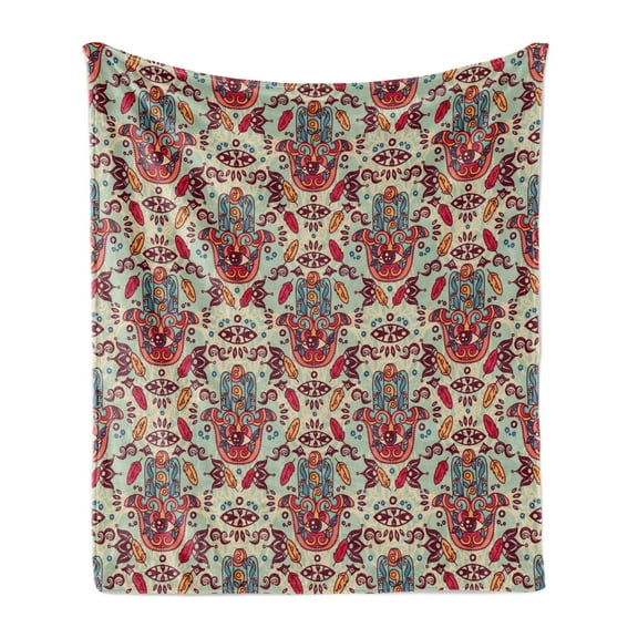 Hamsa Soft Flannel Fleece Throw Blanket, Ornamental Pattern Colorful Sketch Design, Cozy Plush for Indoor and Outdoor Use, 70" x 90", Multicolor, by Ambesonne