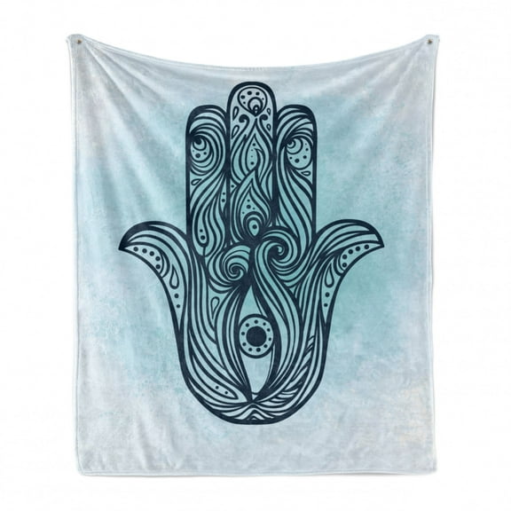 Hamsa Soft Flannel Fleece Throw Blanket, Ornate Hand Drawn Hamsa and Old Ornament with Curly Swirled Lines, Cozy Plush for Indoor and Outdoor Use, 50" x 70", Dark Blue Aqua, by Ambesonne