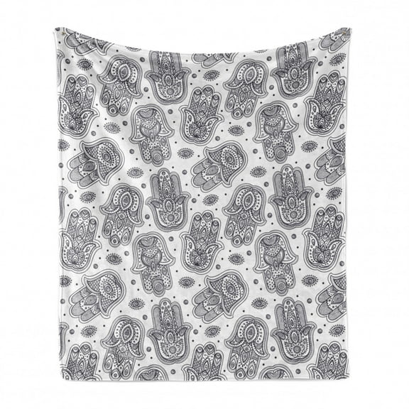 Hamsa Soft Flannel Fleece Throw Blanket, Protection from Devil Eye Pattern Yoga Mandala Art, Cozy Plush for Indoor and Outdoor Use, 50" x 60", Black White, by Ambesonne