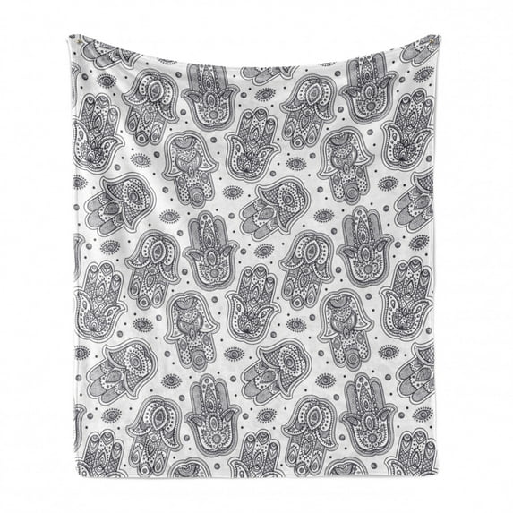 Hamsa Soft Flannel Fleece Throw Blanket, Protection from Devil Eye Pattern Yoga Mandala Art, Cozy Plush for Indoor and Outdoor Use, 50" x 60", Black White, by Ambesonne