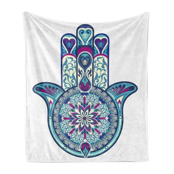 Hamsa Soft Flannel Fleece Throw Blanket, Turkish in Retro Style, Cozy Plush for Indoor and Outdoor Use, 60" x 80", Pale Blue Purple, by Ambesonne