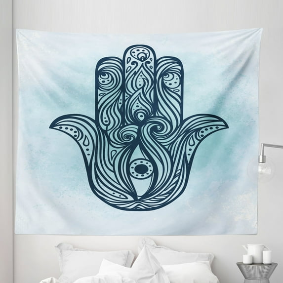 Hamsa Tapestry, Ornate Hand Drawn Hamsa and Old Ornament with Curly Swirled Lines, Fabric Wall Hanging Decor for Bedroom Living Room Dorm, 5 Sizes, Dark Blue Aqua, by Ambesonne