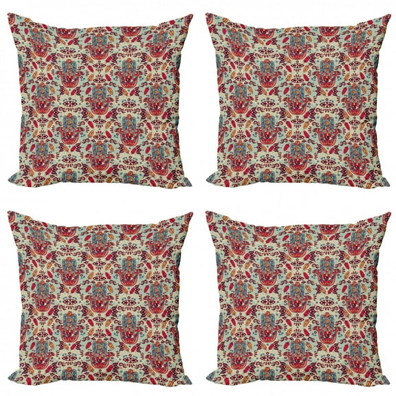 Ambesonne Hamsa Throw Pillow Cover 4 Pack, Colorful Cultural Hand Motifs, 18", Multicolor
