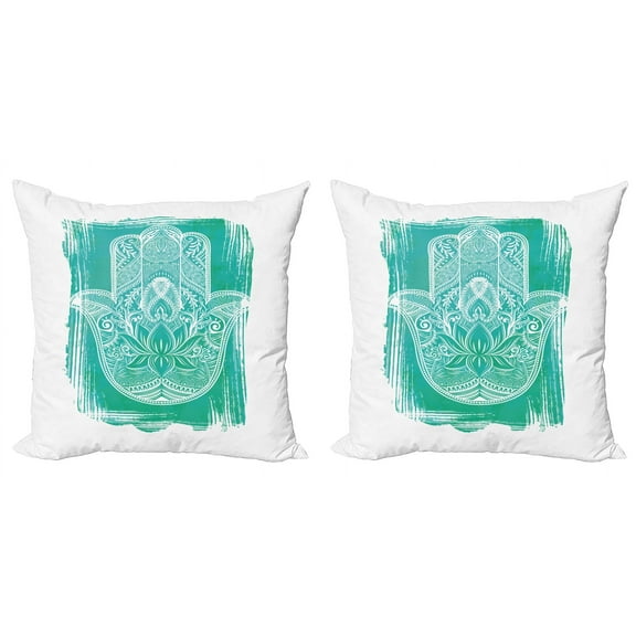 Ambesonne Hamsa Throw Pillow Cover 2 Pack, Grungy Floral Ethnic Motif, 24", Turquoise and White