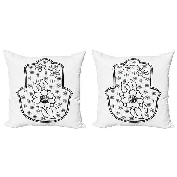 Ambesonne Hamsa Throw Pillow Cover 2 Pack, Lotus Blossoms Kabbalah Art, 16", White Black